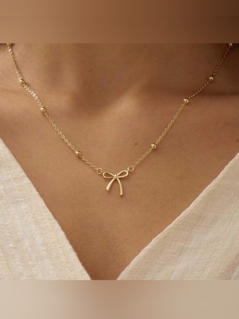 Gold Plated Stainless Steel Bow Beaded Pendant Necklace